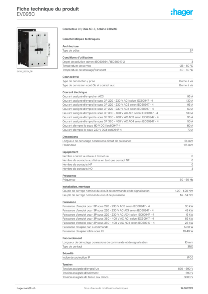 Image Hager Fiche technique du produit EV095C | Hager Suisse