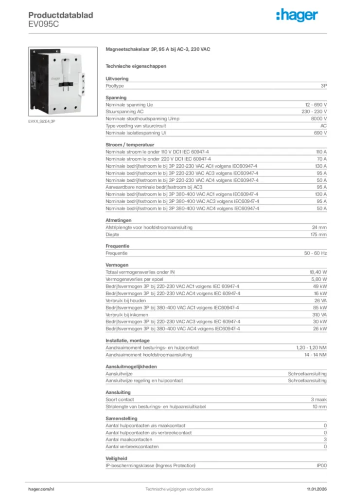 Afbeelding Hager Productdatablad EV095C | Hager Nederland