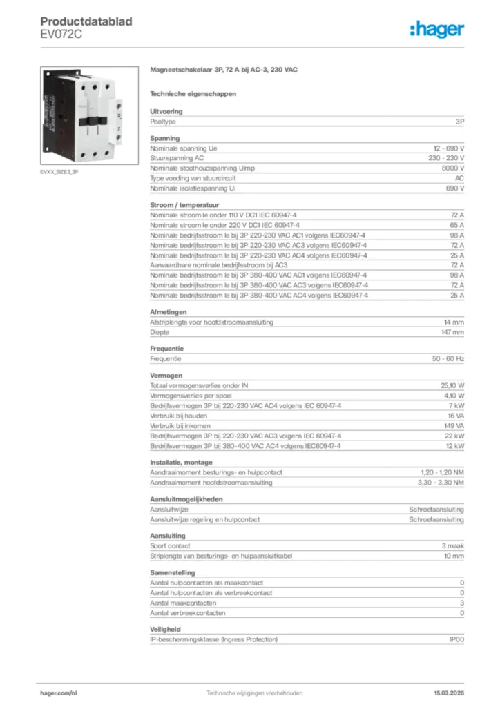 Afbeelding Hager Productdatablad EV072C | Hager Nederland