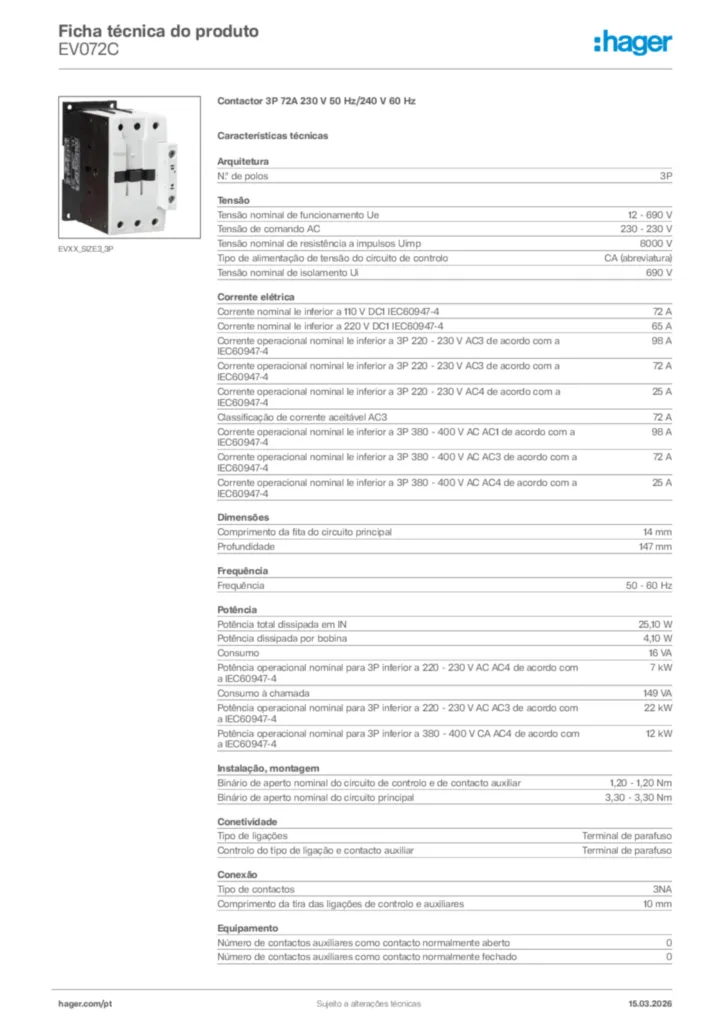 Imagem Hager Ficha técnica do produto EV072C | Hager Portugal