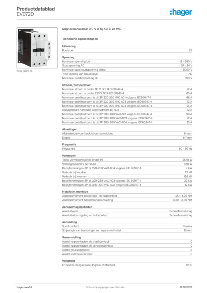 Afbeelding Hager Productdatablad EV072D | Hager Nederland