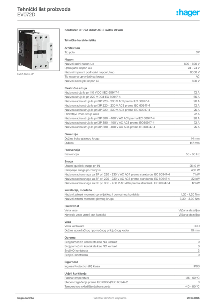 Slika Hager Product data sheet EV072D  | Hager