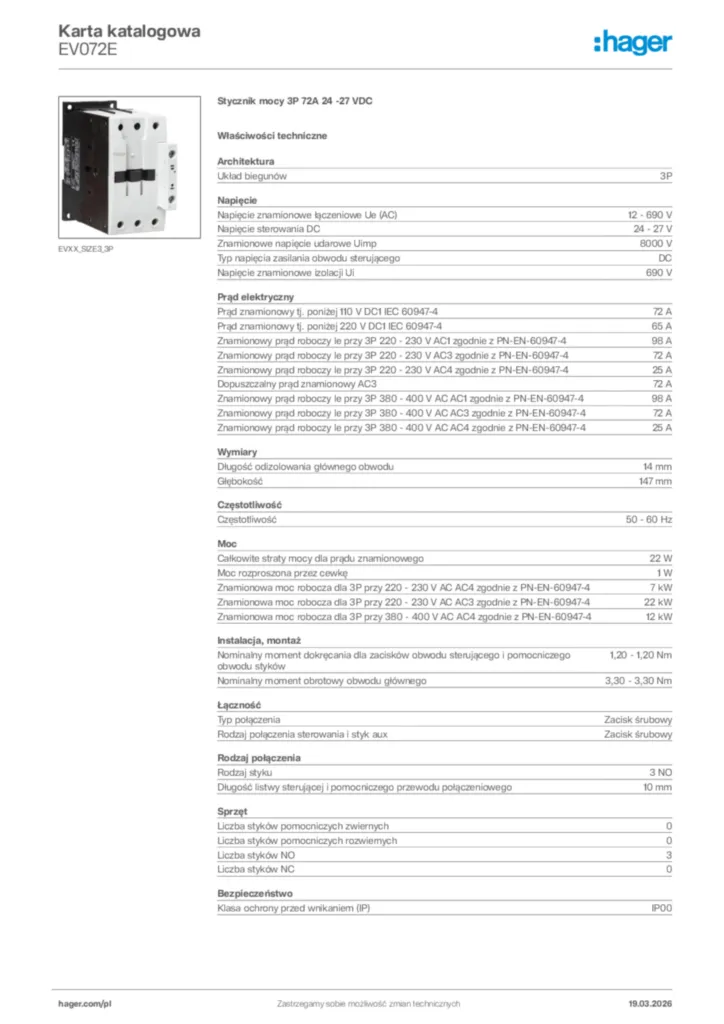 Zdjęcie Hager Karta katalogowa EV072E | Hager Polska
