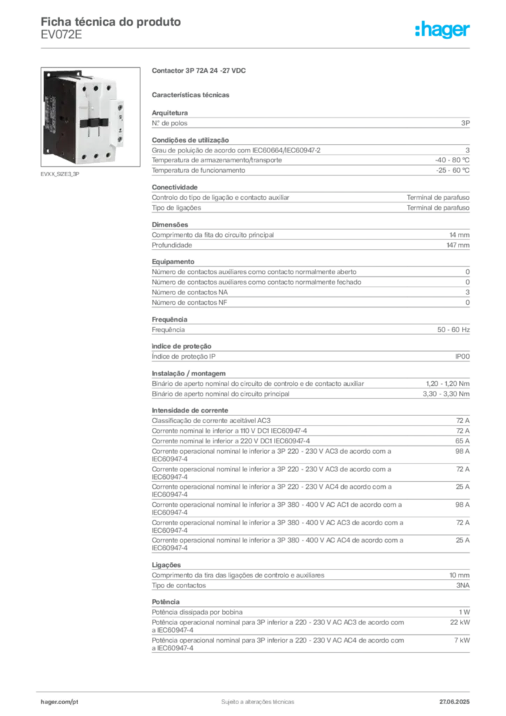 Imagem Hager Ficha técnica do produto EV072E | Hager Portugal