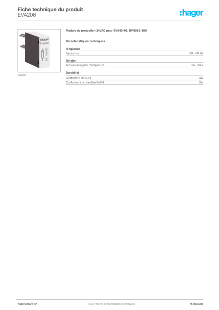 Image Hager Fiche technique du produit EVA206 | Hager Suisse