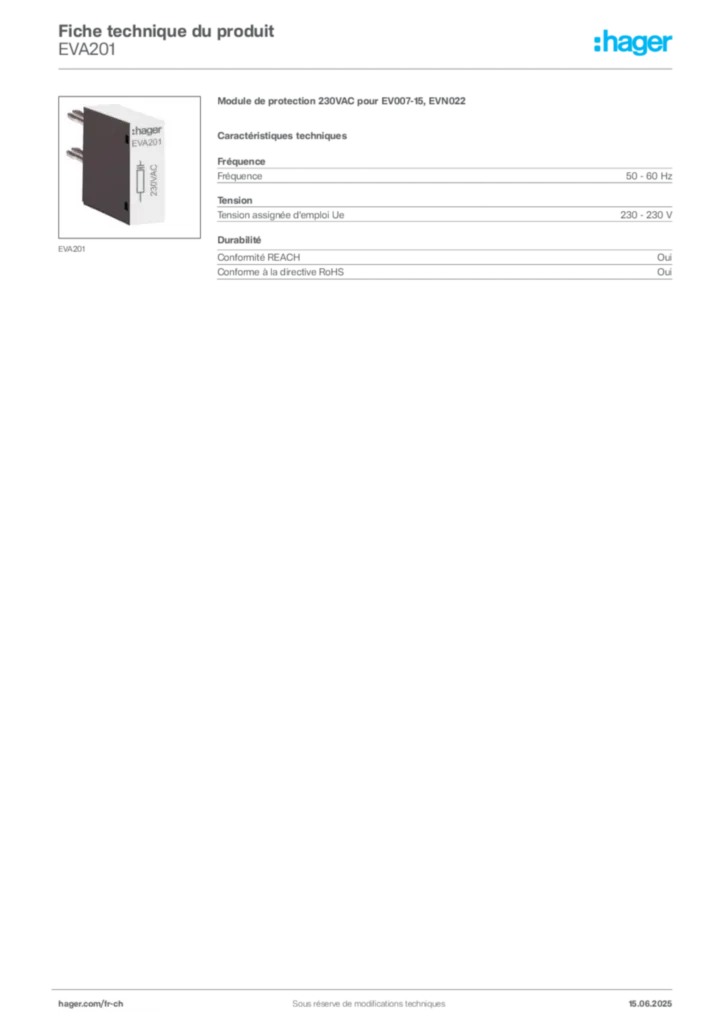Image Hager Fiche technique du produit EVA201 | Hager Suisse