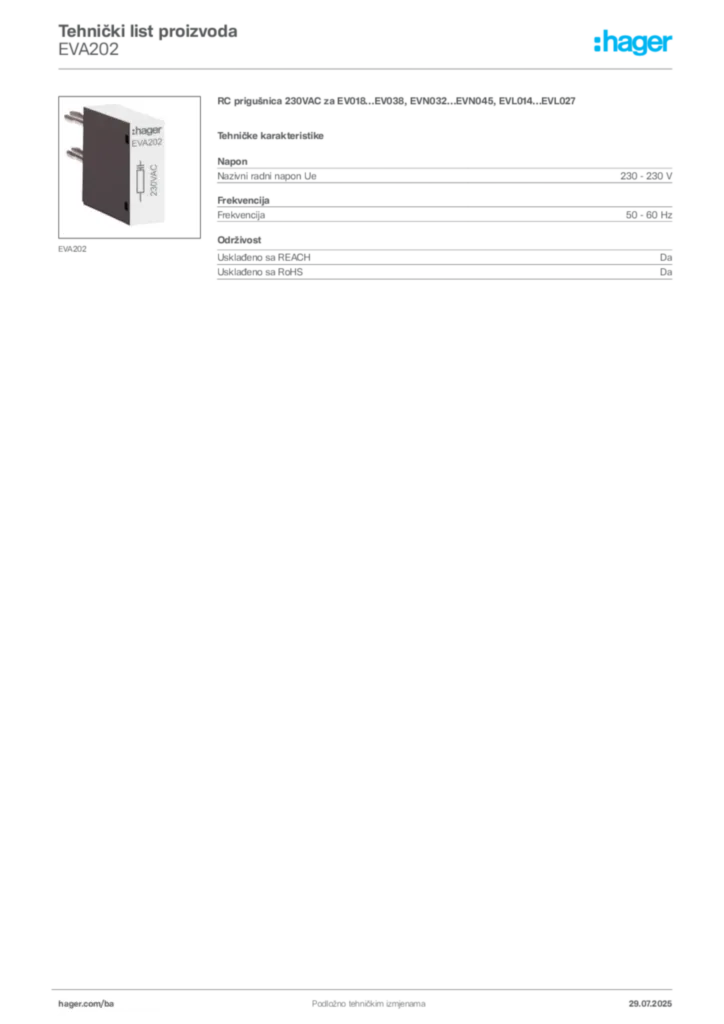 Slika Hager Product data sheet EVA202  | Hager