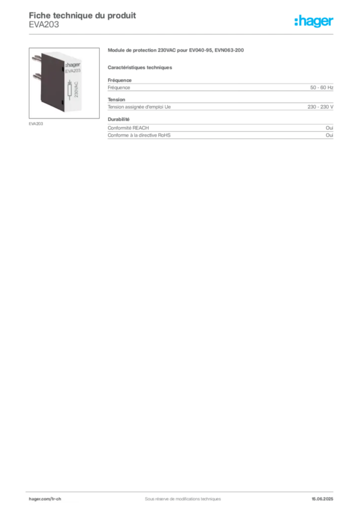 Image Hager Fiche technique du produit EVA203 | Hager Suisse