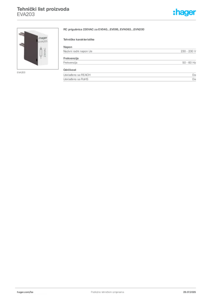 Slika Hager Product data sheet EVA203  | Hager