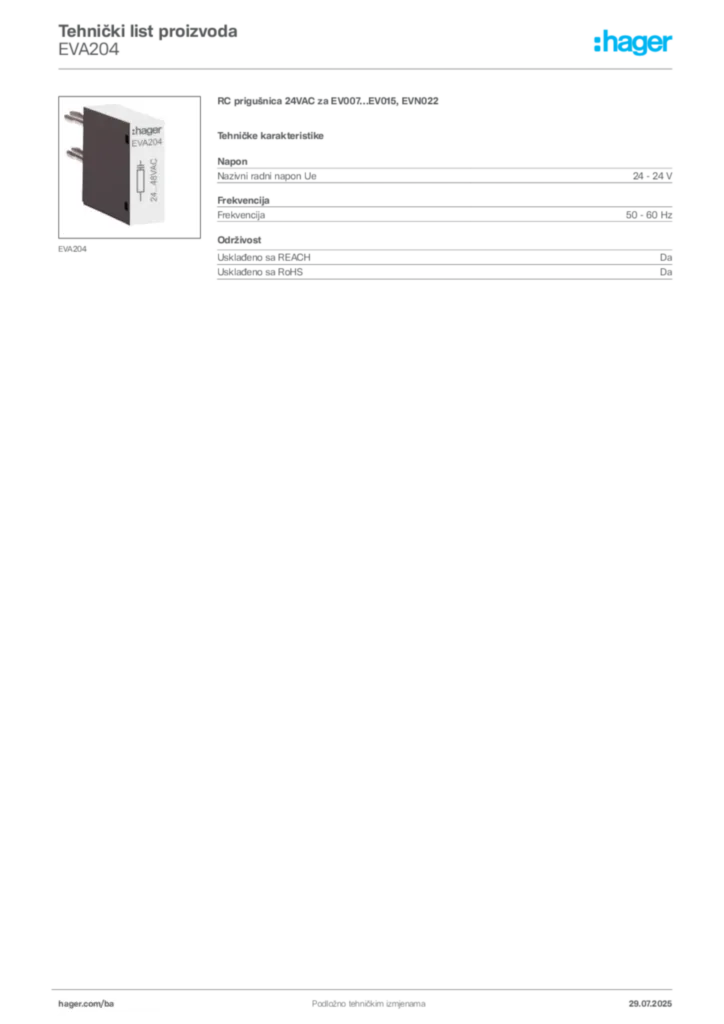 Slika Hager Product data sheet EVA204  | Hager