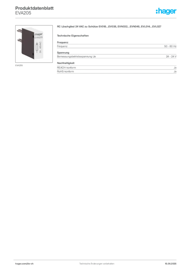 Bild Hager Produktdatenblatt EVA205 | Hager Schweiz