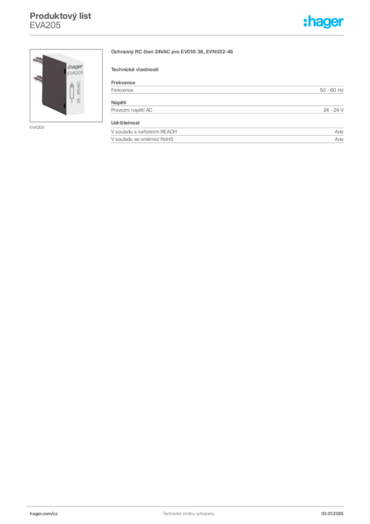 Obrázek Hager Produktový list EVA205 | Hager