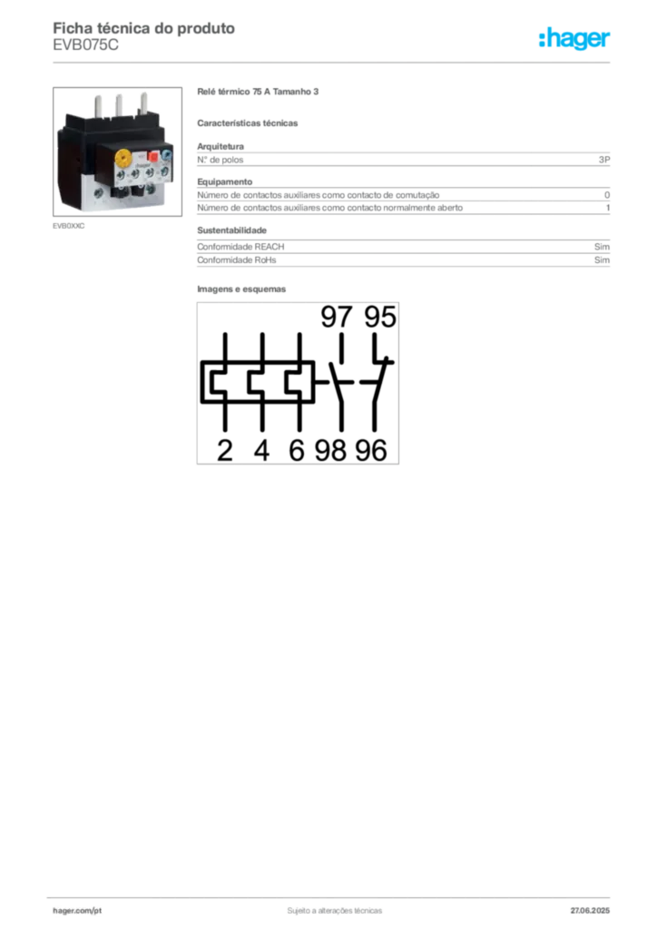 Imagem Hager Ficha técnica do produto EVB075C | Hager Portugal