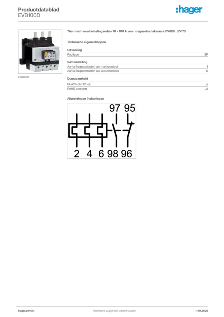 Afbeelding Hager Productdatablad EVB100D | Hager Nederland