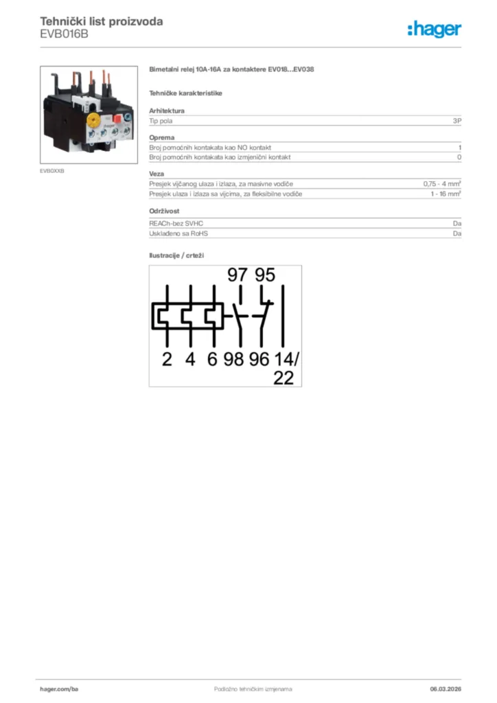 Slika Hager Tehnički list proizvoda EVB016B  | Hager