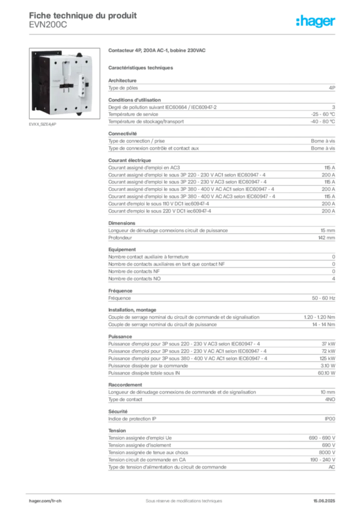 Image Hager Fiche technique du produit EVN200C | Hager Suisse