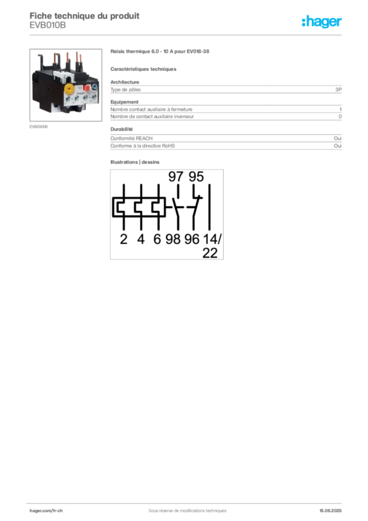 Image Hager Fiche technique du produit EVB010B | Hager Suisse