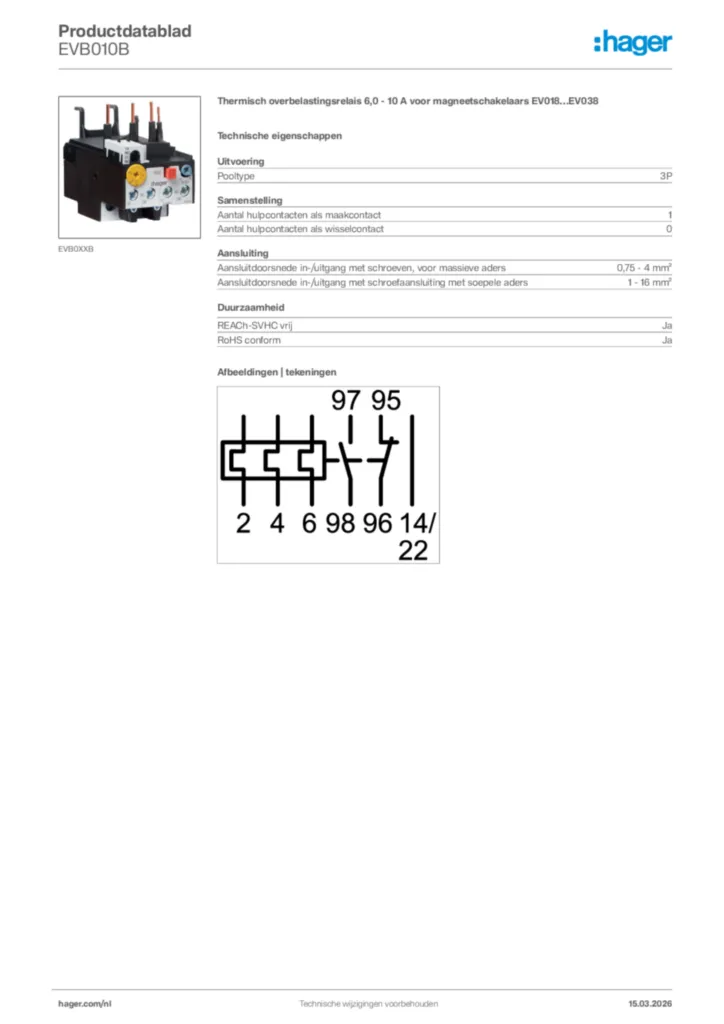 Afbeelding Hager Productdatablad EVB010B | Hager Nederland
