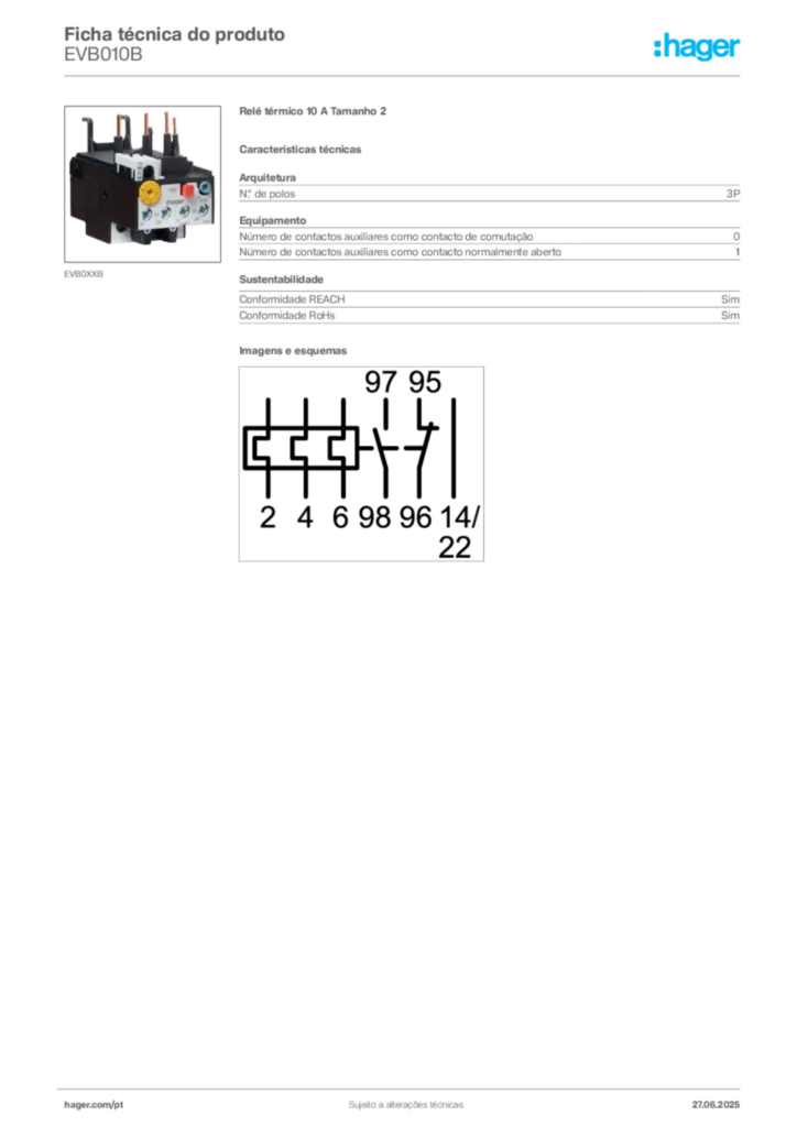 Imagem Hager Ficha técnica do produto EVB010B | Hager Portugal