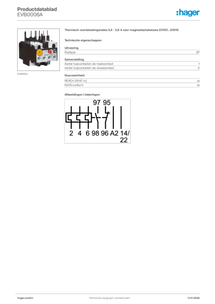 Afbeelding Hager Productdatablad EVB0006A | Hager Nederland