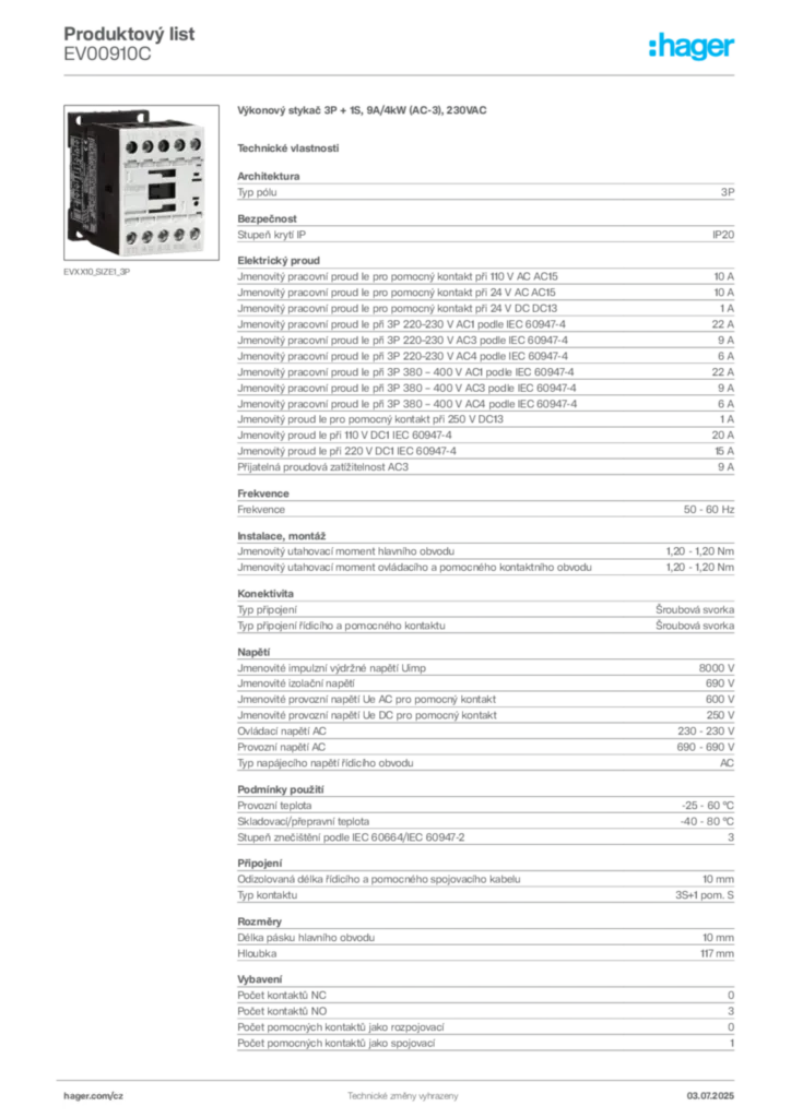 Obrázek Hager Produktový list EV00910C | Hager
