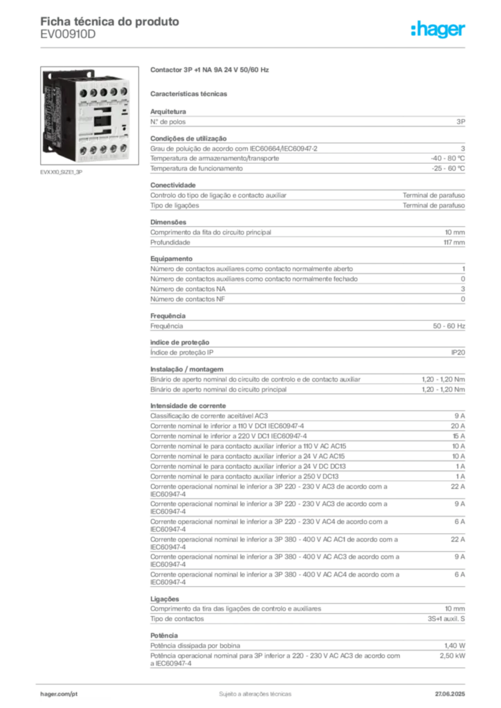 Imagem Hager Ficha técnica do produto EV00910D | Hager Portugal