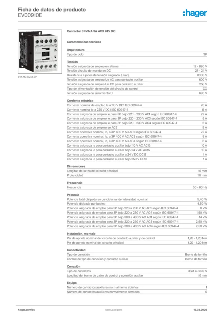 Imagen Hager Ficha de datos de producto EV00910E | Hager España