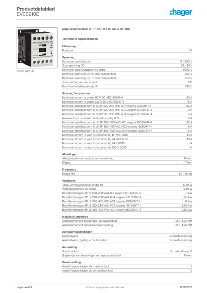 Afbeelding Hager Productdatablad EV00910E | Hager Nederland