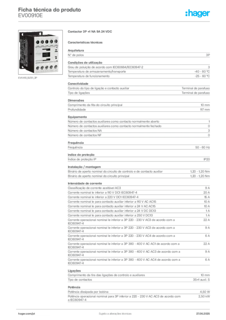 Imagem Hager Ficha técnica do produto EV00910E | Hager Portugal