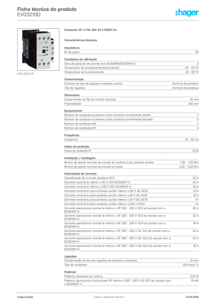 Imagem Hager Ficha técnica do produto EV03210D | Hager Portugal