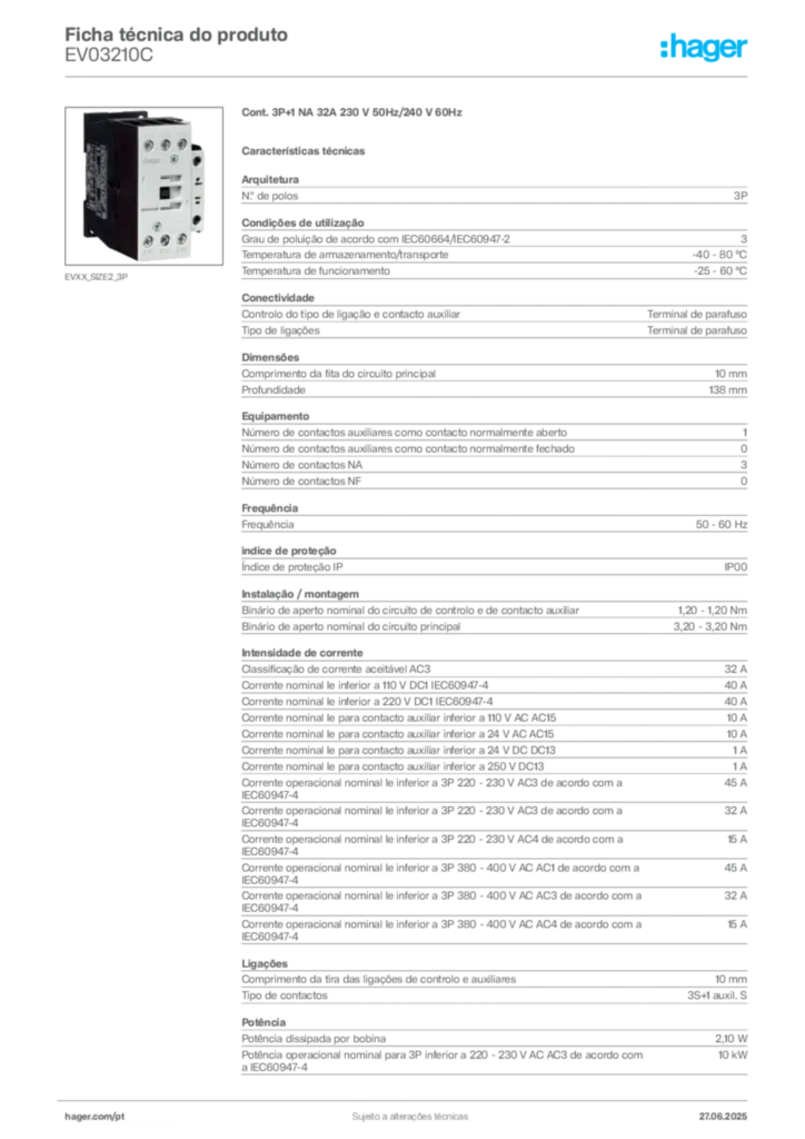 Imagem Hager Ficha técnica do produto EV03210C | Hager Portugal