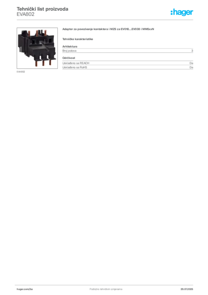 Slika Hager Product data sheet EVA802  | Hager