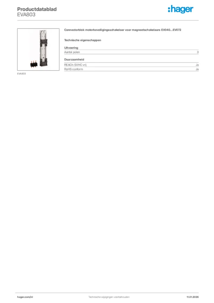 Afbeelding Hager Productdatablad EVA803 | Hager Nederland