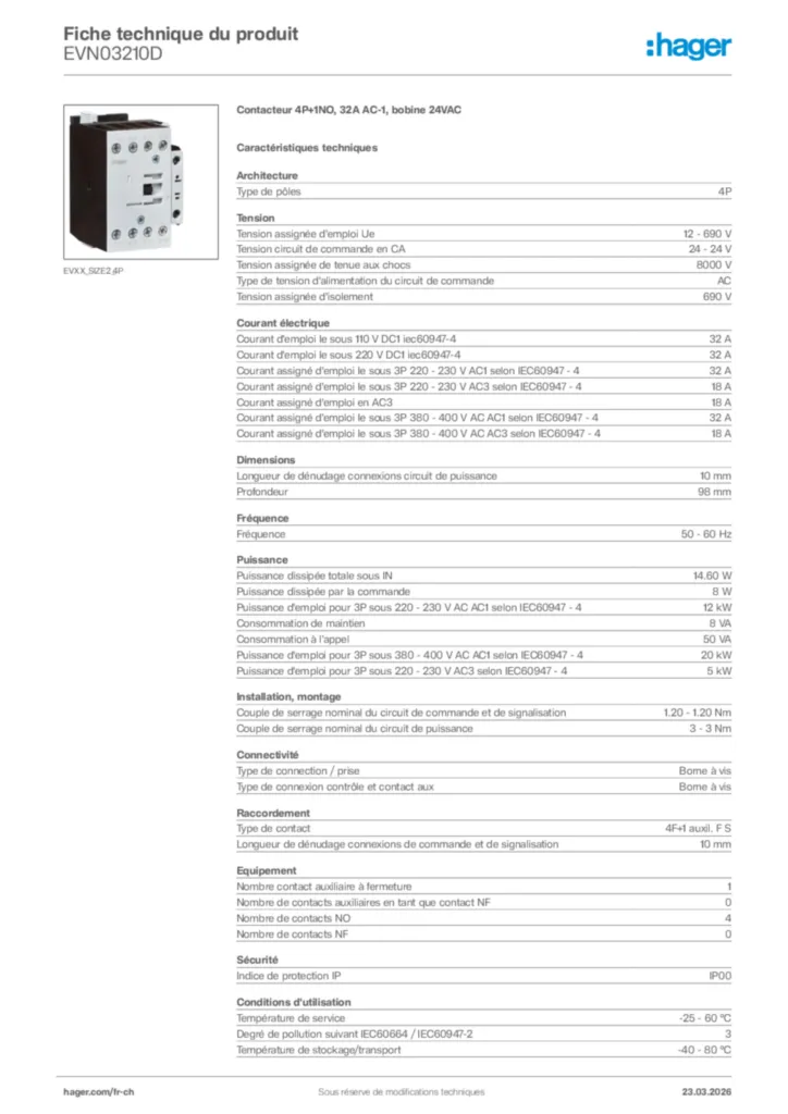 Image Hager Fiche technique du produit EVN03210D | Hager Suisse