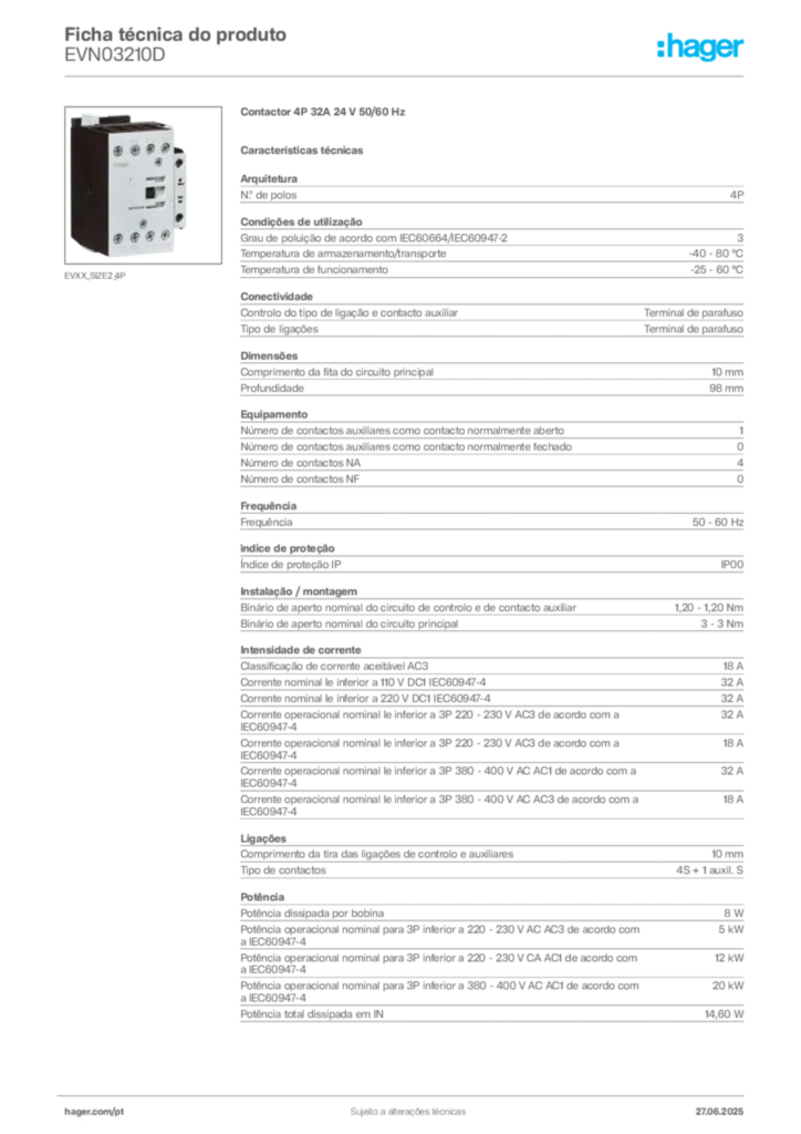 Imagem Hager Ficha técnica do produto EVN03210D | Hager Portugal