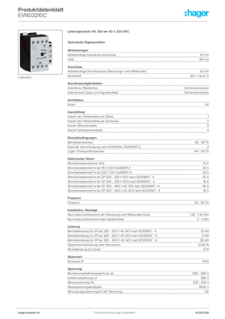 Bild Hager Produktdatenblatt EVN03210C | Hager Schweiz
