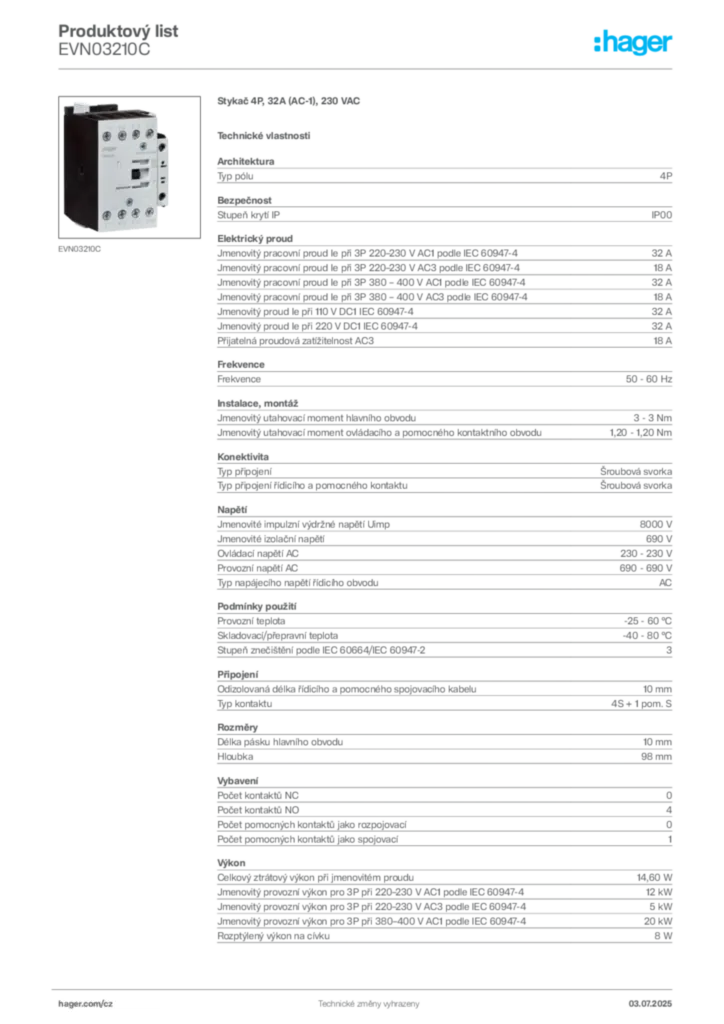 Obrázek Hager Produktový list EVN03210C | Hager