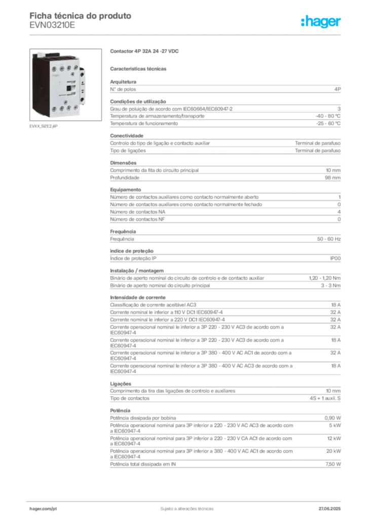 Imagem Hager Ficha técnica do produto EVN03210E | Hager Portugal