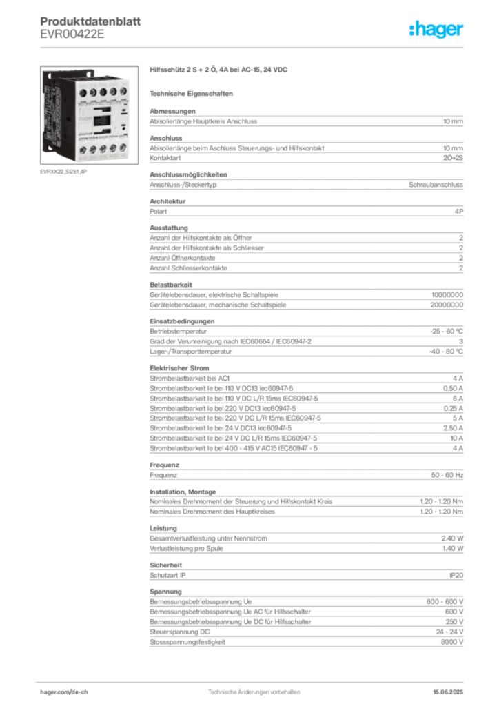 Bild Hager Produktdatenblatt EVR00422E | Hager Schweiz