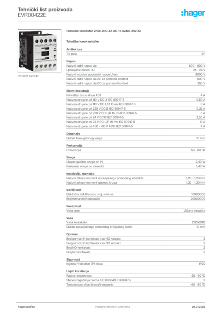 Slika Hager Product data sheet EVR00422E  | Hager
