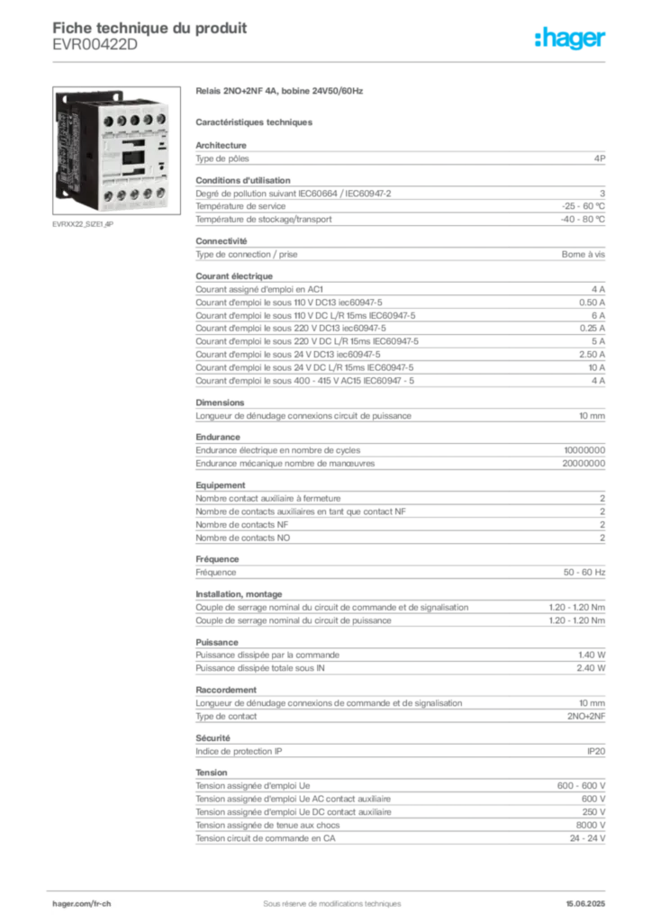 Image Hager Fiche technique du produit EVR00422D | Hager Suisse