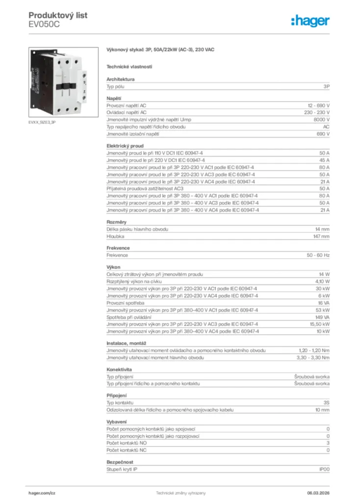 Obrázek Hager Product data sheet EV050C | Hager