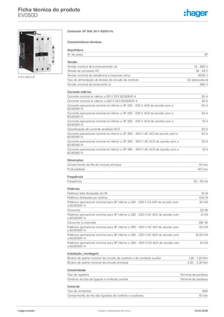 Imagem Hager Ficha técnica do produto EV050D | Hager Portugal