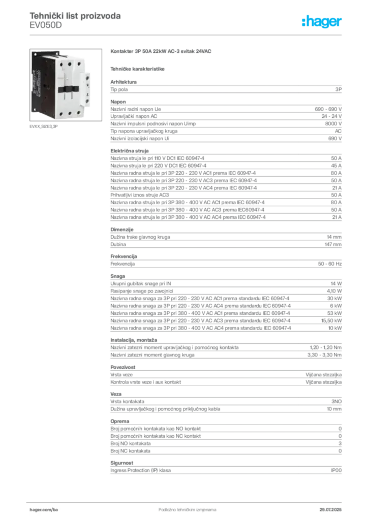 Slika Hager Product data sheet EV050D  | Hager