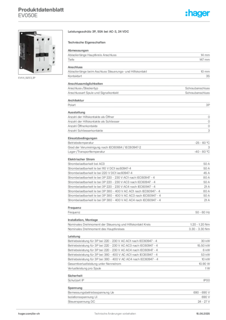 Bild Hager Produktdatenblatt EV050E | Hager Schweiz