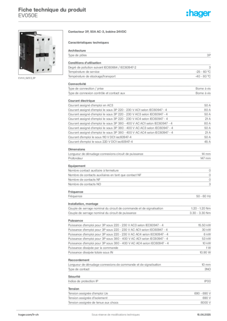 Image Hager Fiche technique du produit EV050E | Hager Suisse