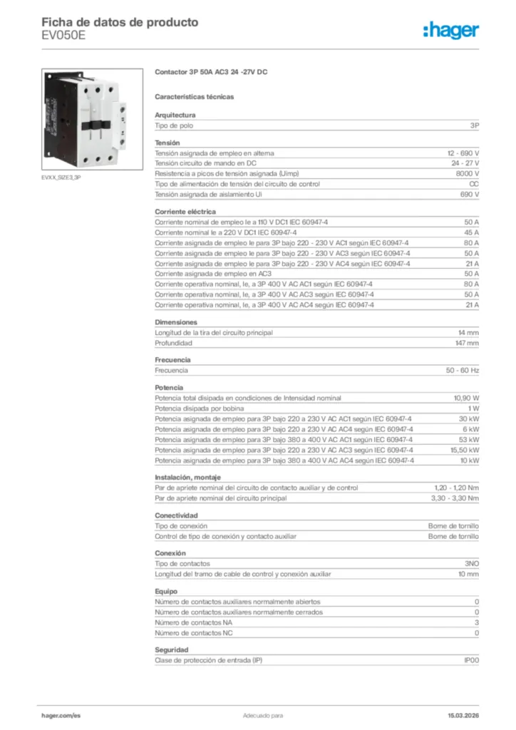 Imagen Hager Ficha de datos de producto EV050E | Hager España