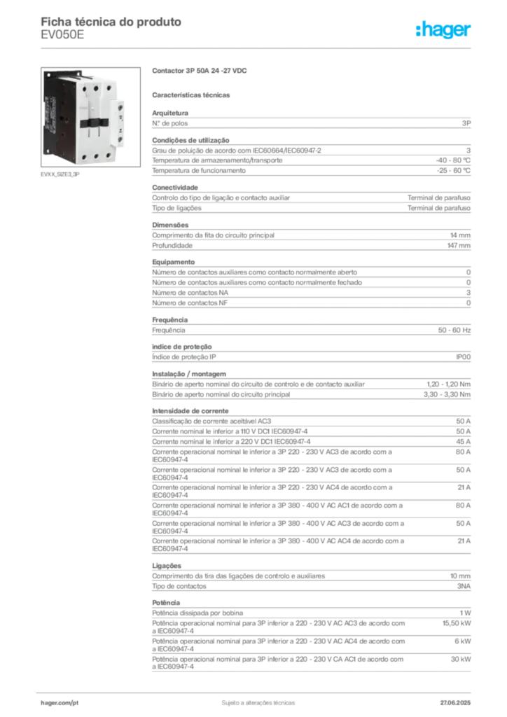 Imagem Hager Ficha técnica do produto EV050E | Hager Portugal
