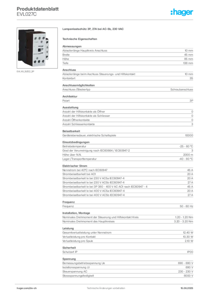 Bild Hager Produktdatenblatt EVL027C | Hager Schweiz
