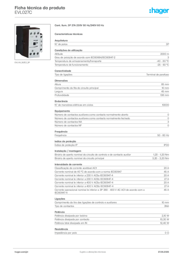 Imagem Hager Ficha técnica do produto EVL027C | Hager Portugal